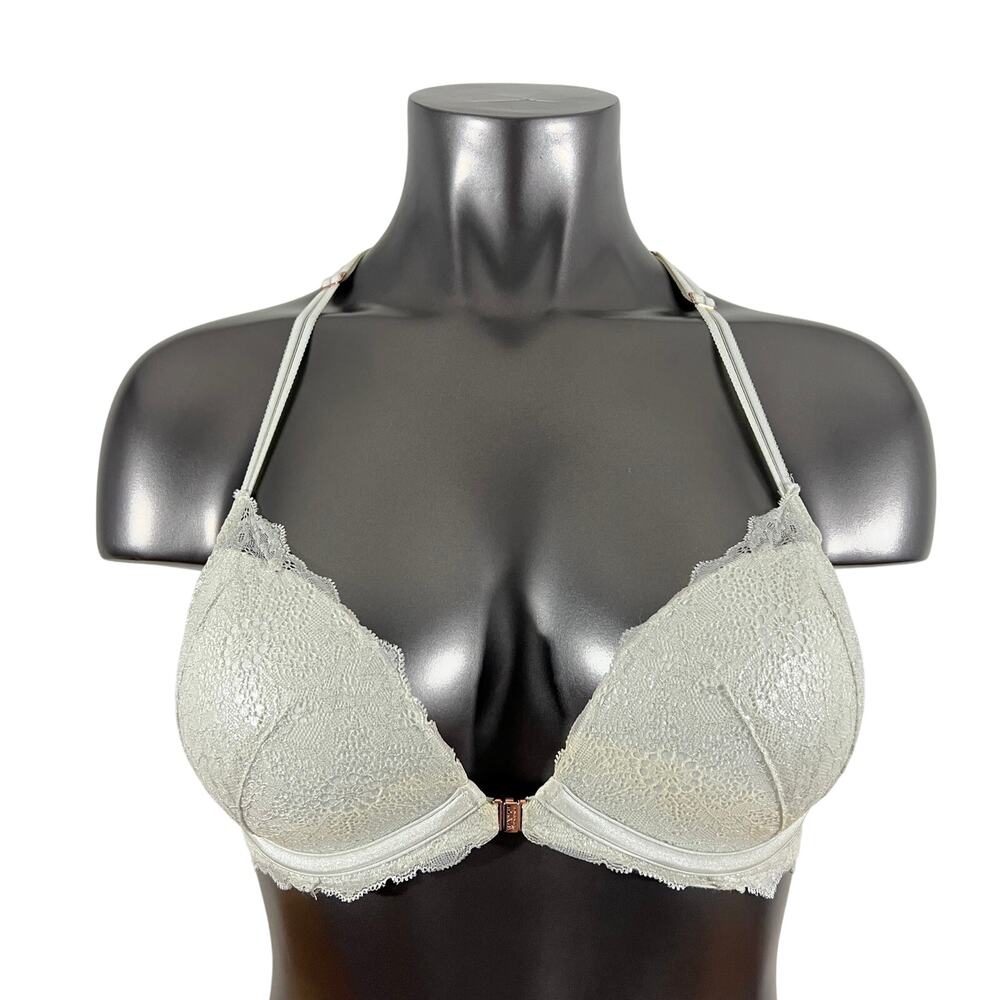Victoria's Secret PINK Bra Date Push Up Racerback Metallic White Silver Lace 34D
